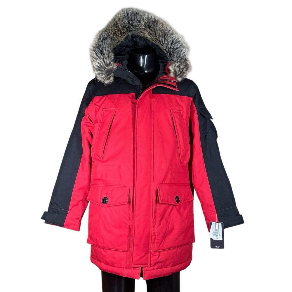 Lands End Expedition Parka Jacket Mens M Red Black NEW $359 Warm Winter Faux Fur
